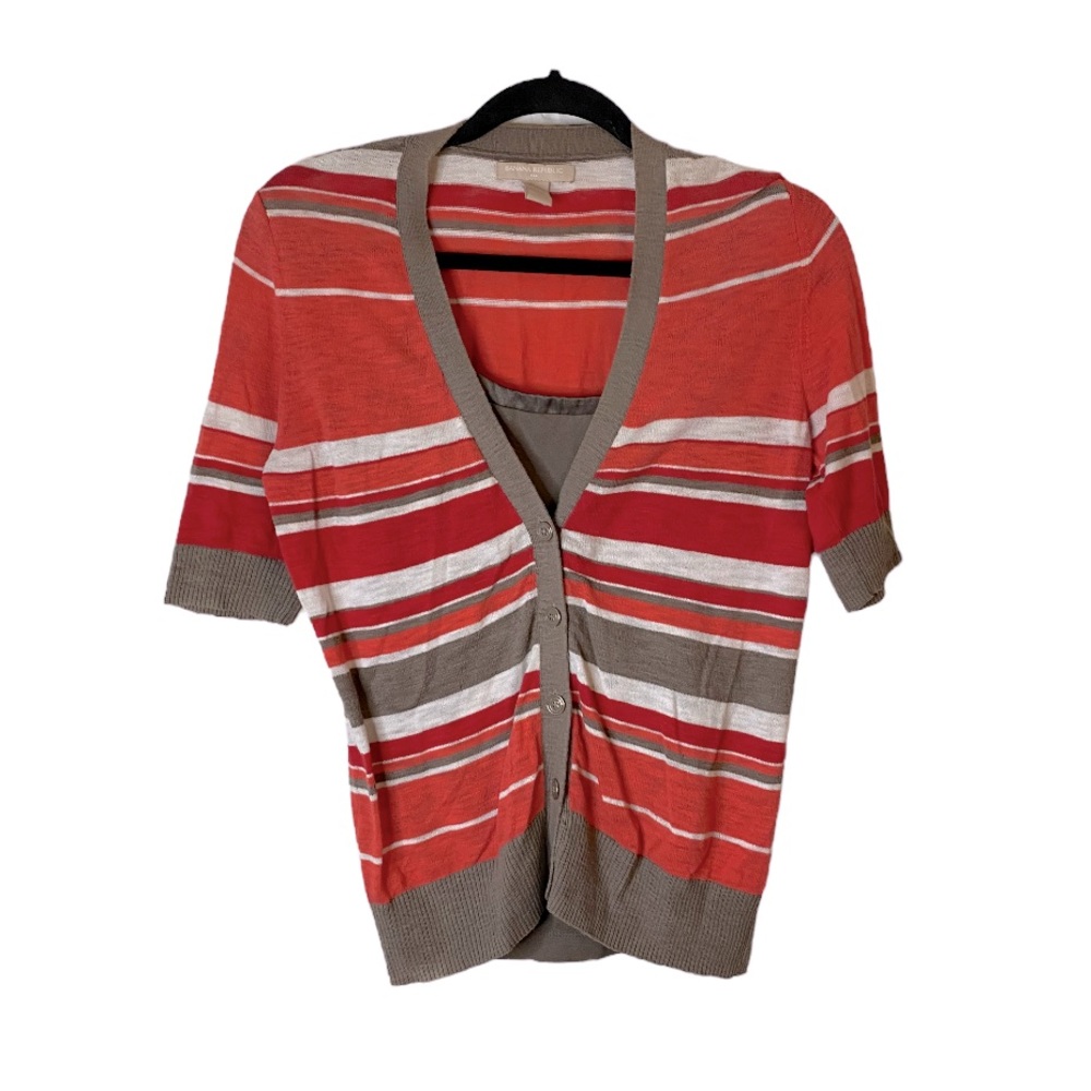 Banana Republic Short Sleeve Cardigan Sweater Coral Brown Button Up w/Brown Cami